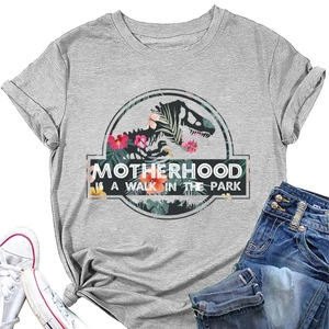 T-shirt grigia Motherhood Is A Walk In The Park con stampa floreale e dinosauro