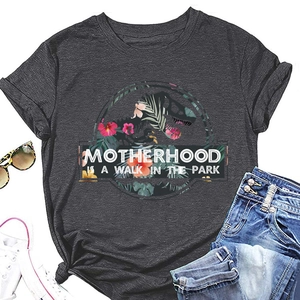 Vista piatta della t-shirt grigio scuro con stampa di dinosauro e slogan ironico