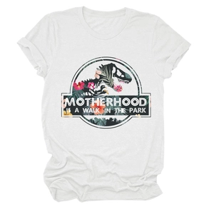 T-shirt bianca Motherhood Is a Walk in the Park con grafica a fiori e dinosauro