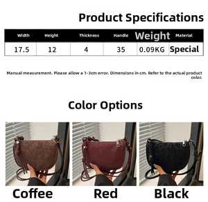 Size chart showing product dimensions and color options for the stylish crossbody bag