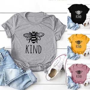 T-Shirt Donna Misto Cotone Stampa Bee Kind Girocollo Manica Corta Casual Streetwear Top