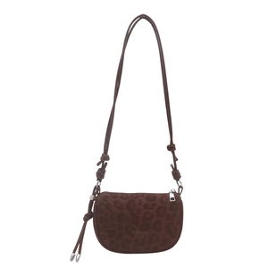 Deep brown leopard print saddle bag with stylish knotted shoulder strap in a half-moon shape