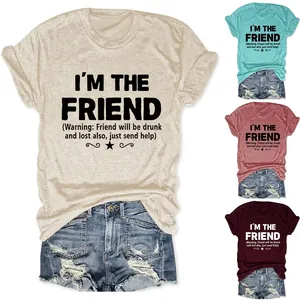 Maglietta da Donna Casual in Misto Cotone Girocollo I'm The Friend Stampa di Lettere Manica Corta Larga Streetwear Top Estivo