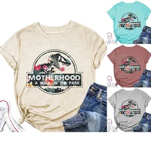 Maglietta Da Donna Misto Cotone Motherhood Is A Walk In The Park Stampa Dinosauro Fiori Girocollo Manica Corta Casual
