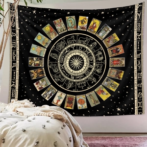 Arazzo bohémien nero con sole tarocchi e costellazioni per decorazione murale
