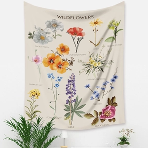 Dettaglio dell'arazzo botanico vintage che mostra illustrazioni di fiori selvatici colorati