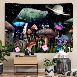 Detail of bohemian tapestry featuring glowing mushrooms and butterflies in a cozy room