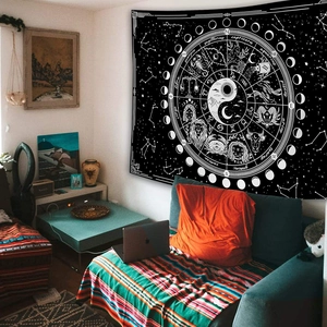 Detail of bohemian mandala tapestry featuring astrology wheel and zodiac symbols on bedroom wall