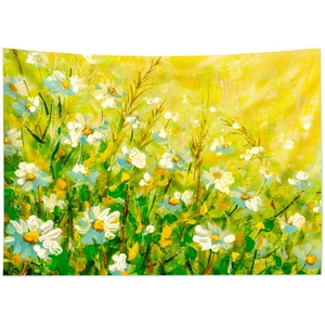 Arazzo in stile pittura a olio con vivaci margherite gialle e bianche su morbido tessuto