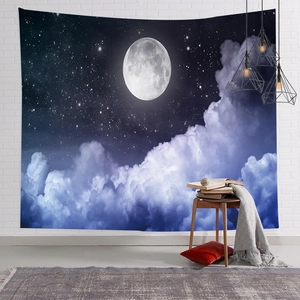 Dettaglio di un arazzo con cielo stellato e luna piena su una parete di mattoni bianchi