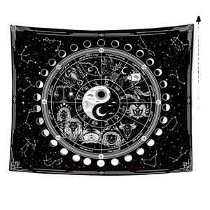 Bohemian black and white zodiac tapestry featuring moon phases and astrology art