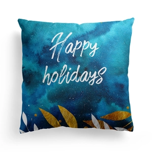 Μαξιλαροθήκη με μπλε ακουαρέλα, κείμενο Happy Holidays και χρυσές λεπτομέρειες φύλλων