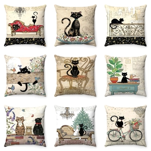 Detailed grid view of nine cartoon cat pillow covers in soft plush fabric for home decor