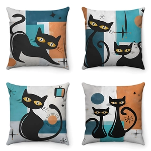 Set of four mid-century modern cartoon cat pillow covers with retro geometric patterns