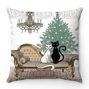 Soft white velvet pillow case featuring artistic black and white cats in a cozy room