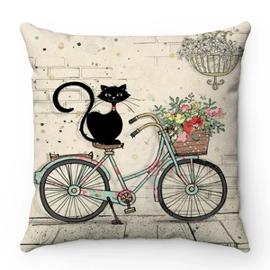 Cartoon black cat on bicycle illustration on soft plush square decorative pillowcase