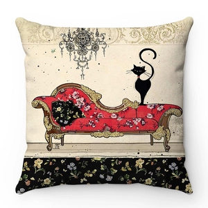 Detail of soft velvet pillowcase featuring a vintage black cat illustration on floral bench