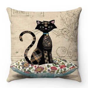 Detailed texture of black cat patchwork art on soft square plush pillowcase for home decor