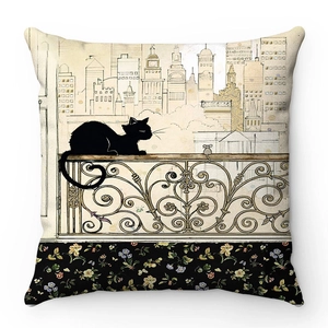 Detail of soft short plush pillowcase with black cat illustration and floral pattern