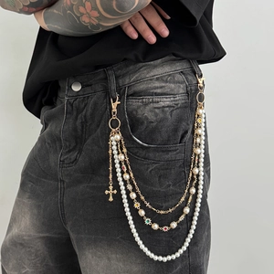 Men's multi-layer street style trousers chain with pearls, colorful gems and cross pendant