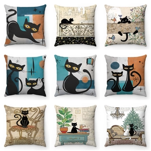 Cartoon Cat Short Plush Pillow Covers Mid Century Modern Artistic Cushion Covers For Living Room Sofa Home Decor Throw Pillowcases