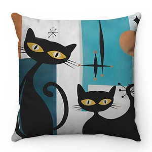 Mid-century modern soft plush pillowcase featuring artistic black cats and geometric patterns