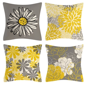Set di 4 federe in lino con girasoli gialli e motivi floreali grigi per divano