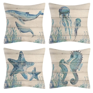 Set di 4 federe per cuscini in lino con motivi marini ad acquerello, balene e meduse