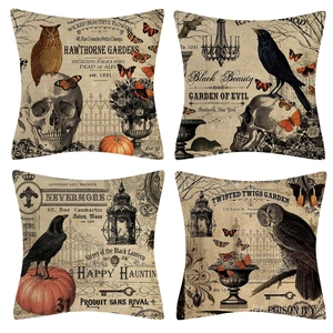 Set di 4 federe per cuscini in lino stile gotico vintage con motivi di Halloween