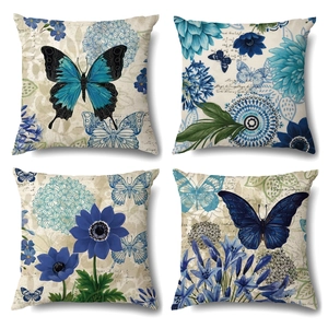 4er Set Kissenbezüge aus Leinen mit blauen Schmetterlings- und Blumenmotiven