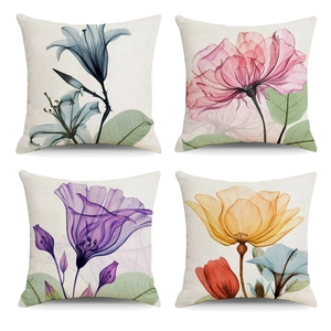 4er-Set Leinen-Kissenbezüge mit X-Ray-Blumenmustern in Blau, Rosa, Violett und Orange