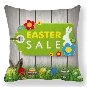 Dettaglio federa in pelle di pesca con stampa Easter Sale e motivo a coniglietto
