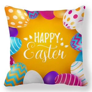 Federa decorativa pasquale con uova colorate e scritta Happy Easter su sfondo giallo