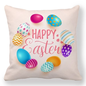 Federa decorativa pasquale in velluto pelle di pesca con uova colorate e scritta Happy Easter