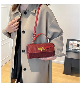 Detail van rode geweven minitas met gouden sluiting op een kaki trenchcoat voor dames