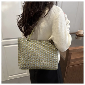 Detailed multi-color woven tote bag with metal chain strap shown on model shoulder