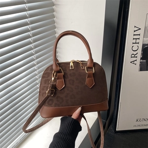 Modische dunkelbraune Handtasche mit Leopardenmuster, Reißverschluss und Schultergurt