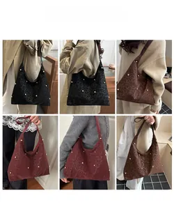 Detailed views of leopard print tote bags with gold studs in black, brown, and wine red colors