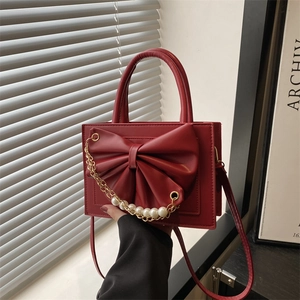 Sac à Bandoulière Femme Cuir PU Décoration Nœud Chaîne Künstliche Perle Sac à Main Doux Élégant pour Rendez-vous Quotidien Fête