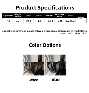 Size guide for large PU leather tote bag showing detailed dimensions and weight specifications