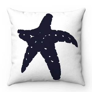 Fodera per cuscino quadrata bianca con stampa stella marina blu navy in morbido cotone lino