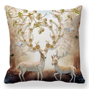 Deer series square pillow cover with 3D floral antler print on soft peach skin fabric