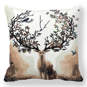 Square deer printed pillowcase featuring floral antlers with birds on beige background