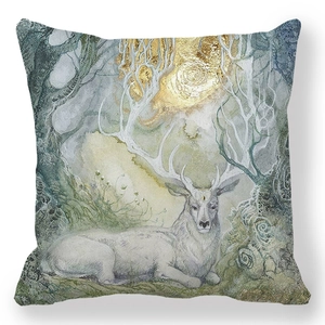 Detailed fabric texture of decorative deer cushion cover with artistic deer print