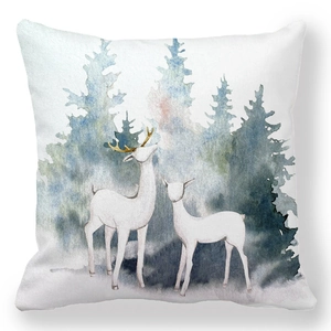 Detail of deer pattern on square peach skin pillowcase with watercolor forest print