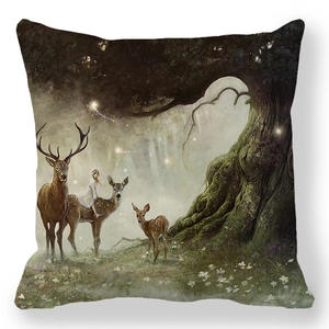 Detail of artistic peach skin pillowcase with forest deer and girl illustration