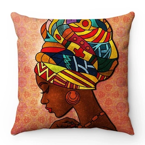 Fodera per cuscino in peluche con ritratto artistico di donna africana e turbante colorato
