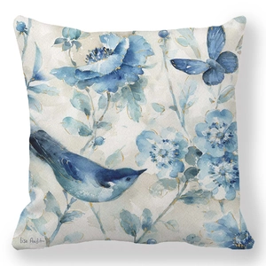 Federa per cuscino con fiori e uccelli blu acquerello in tessuto pelle di pesca