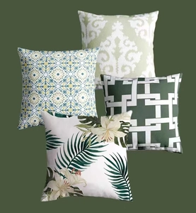 Set of 4 decorative pillow covers with tropical green leaf and geometric patterns