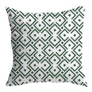 Square faux silk sofa cushion cover with green geometric leaf patterns on white
